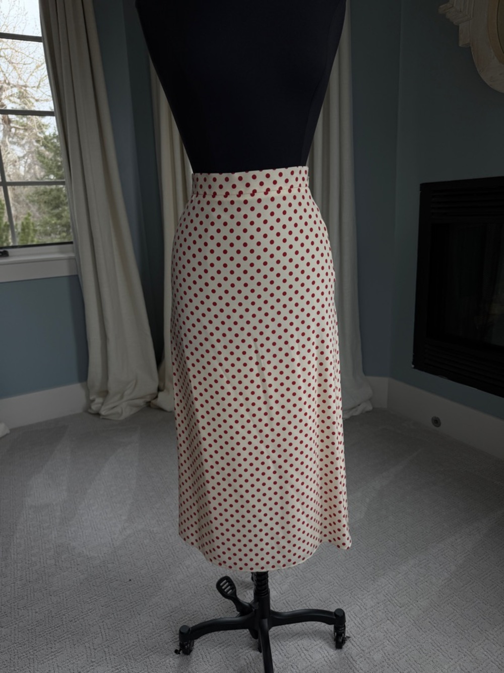 Miu Miu Cream Midi Skirt with Red Polka Print